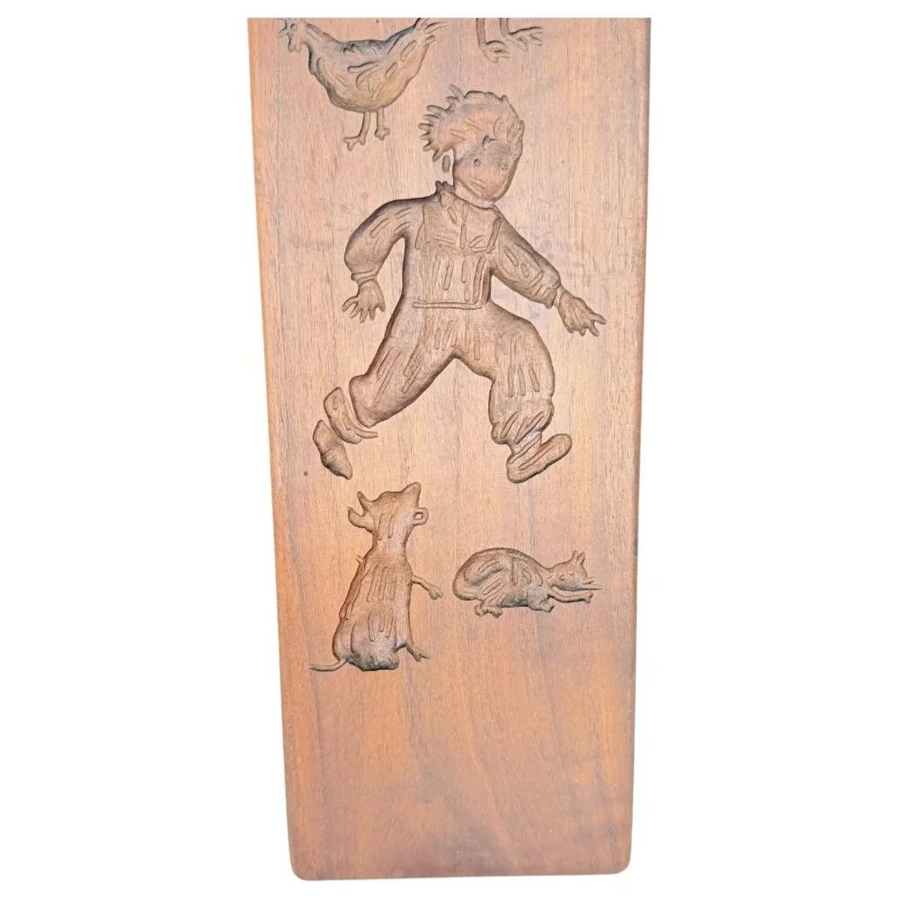 VTG Springerle Double Sided Wood Cookie Mold Press Panel Hangs Fruit Boy Animal